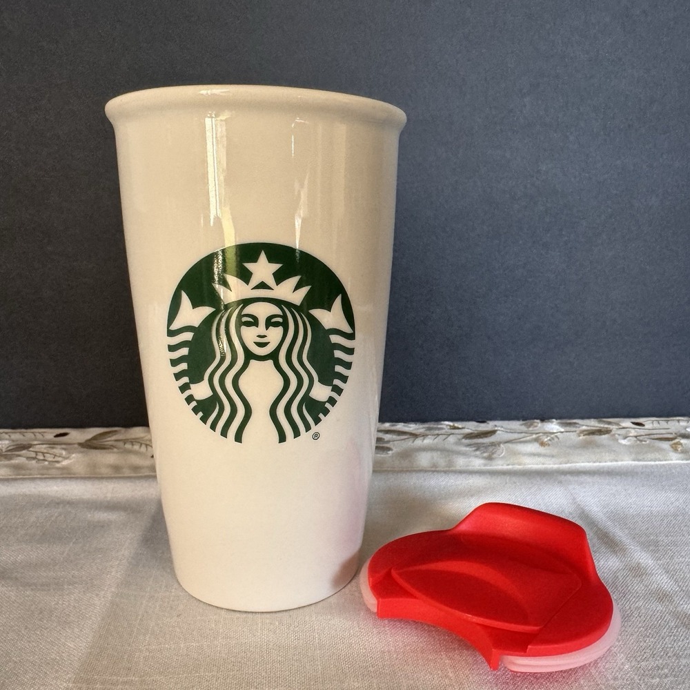 Starbucks Tumbler Ceramic Travel Coffee Mug White 12 Oz with Red Generic Lid